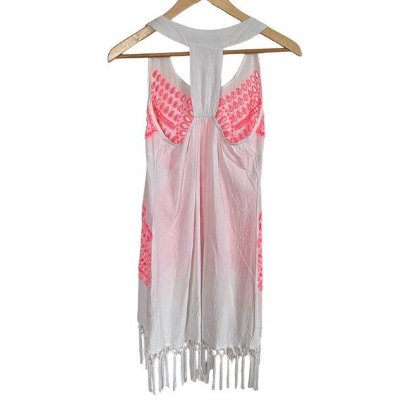 Solitaire Swim women's small pink and white racerback fringed swimsuit cover-up - Picture 2 of 12
